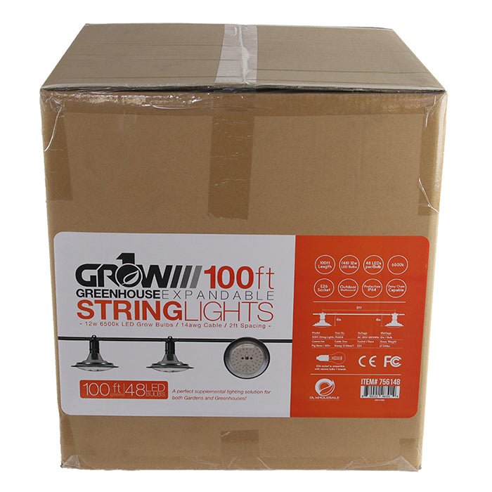 100' Greenhouse Expandable String Lights 14AWG w/ 12W LED 6500K Grow LED Bulbs (48 bulbs) - BetterGrow Hydro