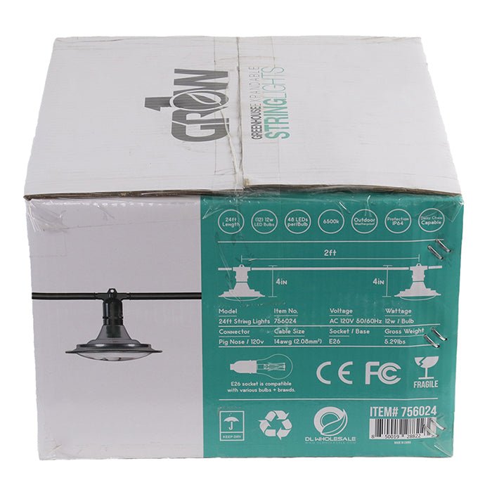 24' Greenhouse Expandable String Lights 14AWG w/ 12W LED 6500K Grow LED Bulbs (12 bulbs) - BetterGrow Hydro