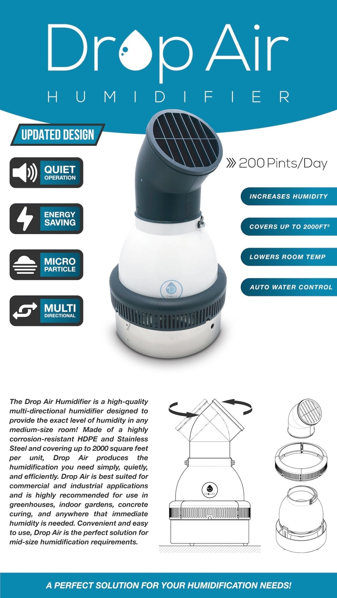 Drop Air Humidifier 200 Pints per day - BetterGrow Hydro