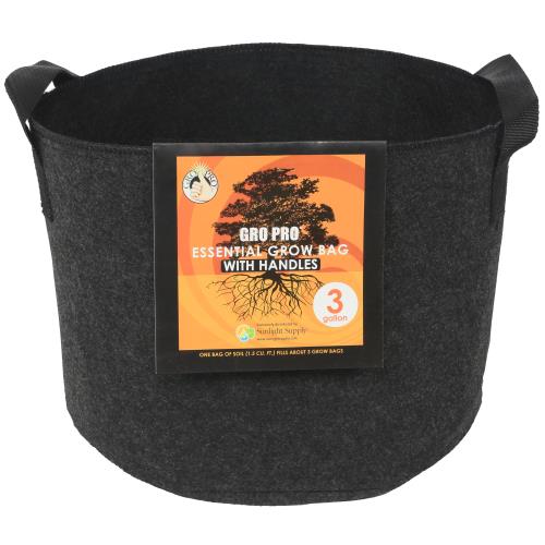 Gro Pro Essential Round Fabric Pot w/ Handles 3 Gallon - Black - BetterGrow Hydro