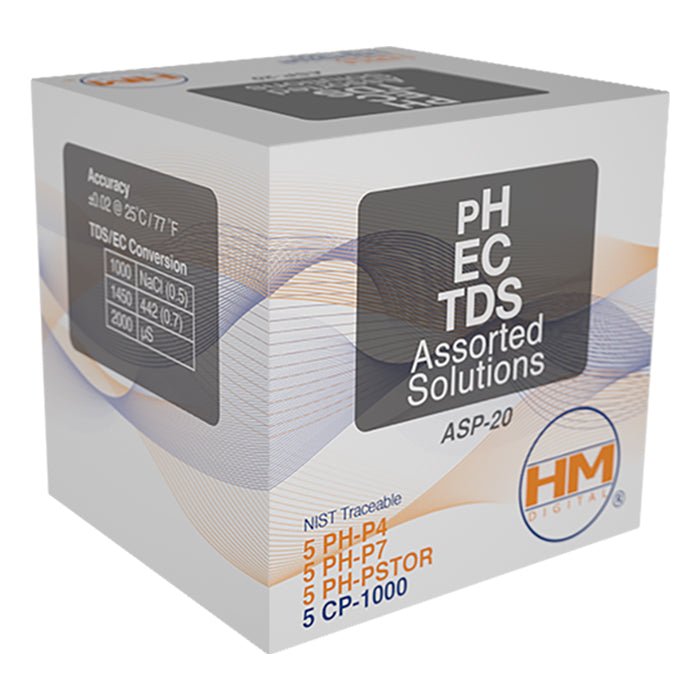 HM Digital 20 pack mix of 1000 ppm TDS, pH 4, pH7, pH storage solutions - BetterGrow Hydro