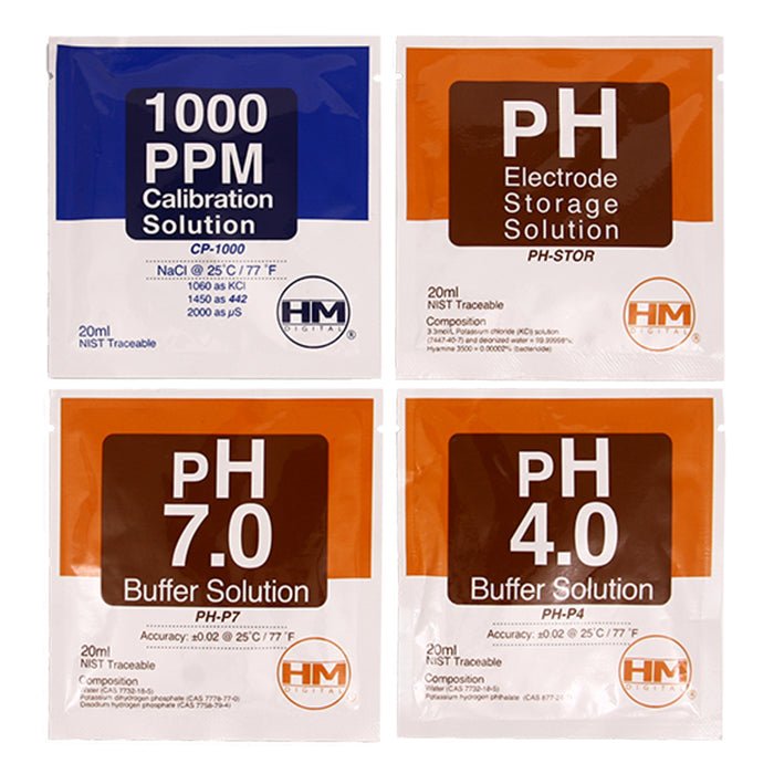 HM Digital 20 pack mix of 1000 ppm TDS, pH 4, pH7, pH storage solutions - BetterGrow Hydro
