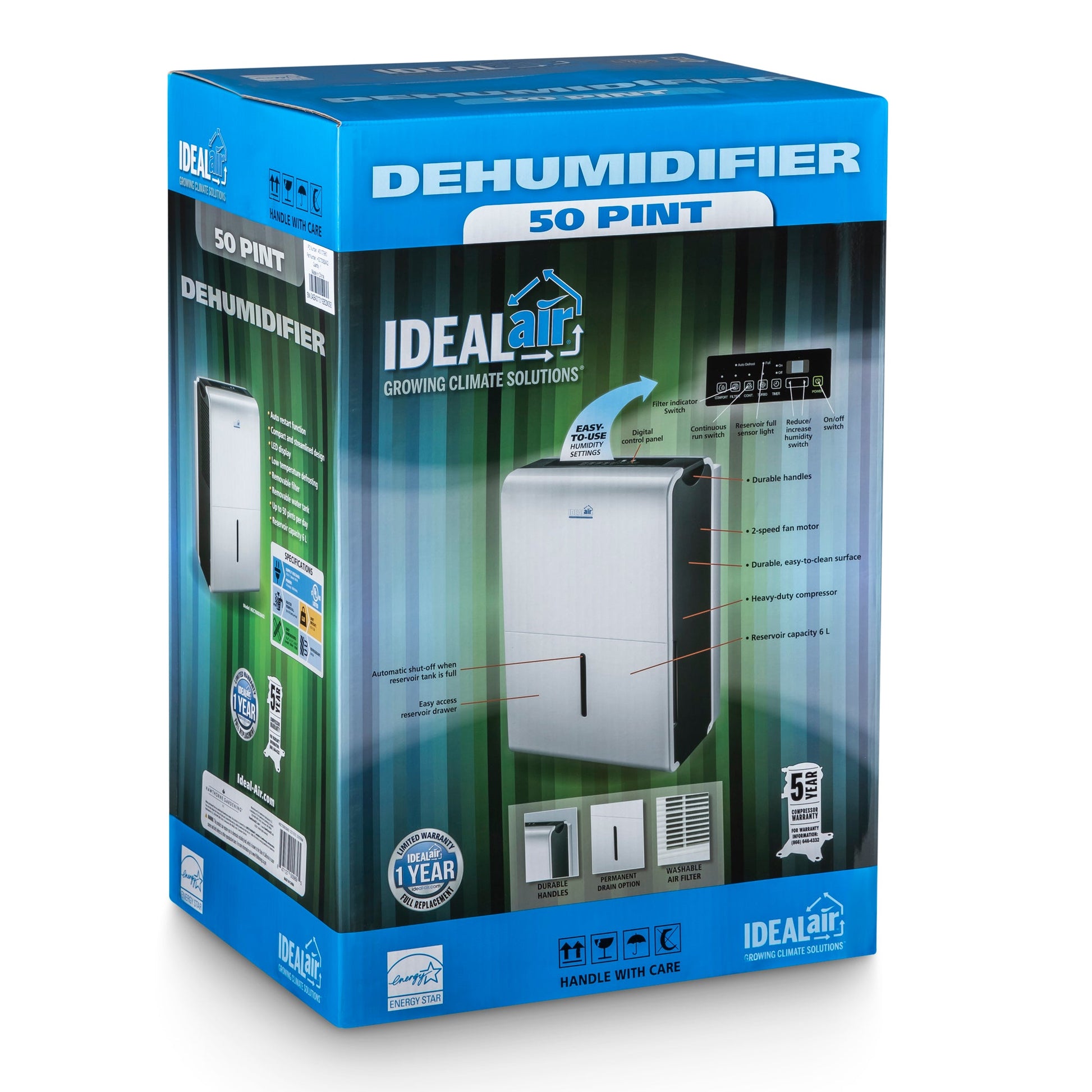 Ideal-Air Dehumidifier 50 Pint - Up to 80 Pints Per Day - BetterGrow Hydro