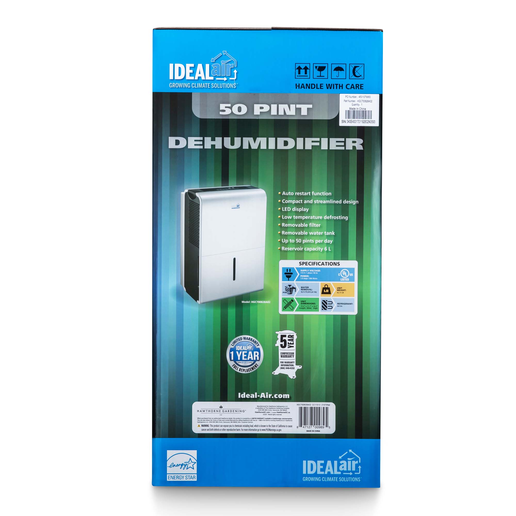 Ideal-Air Dehumidifier 50 Pint - Up to 80 Pints Per Day - BetterGrow Hydro