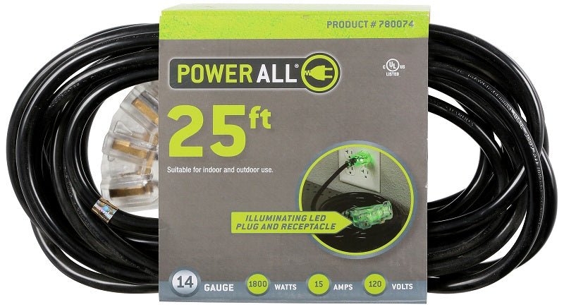 Power All 120 Volt 50 ft Extension Cord 3 Outlet w/ Green Indicator Light - 14 Gauge - BetterGrow Hydro