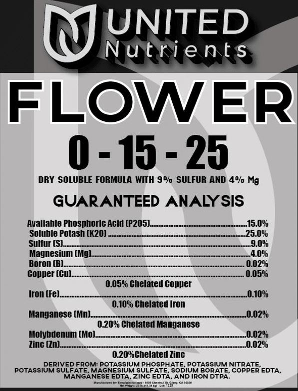 United Nutrients Flower 0-15-25 + Micros - 25 lb - BetterGrow Hydro